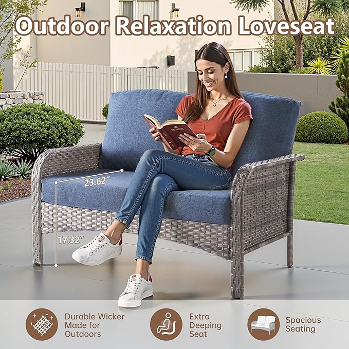 4 PCS Outdoor Patio Furniture Set with Glass Table, All-Weather Rattan Wicker Outdoor Conversation Set with Thickened Cushions for Balcony Backyard Garden Lawn,Blue