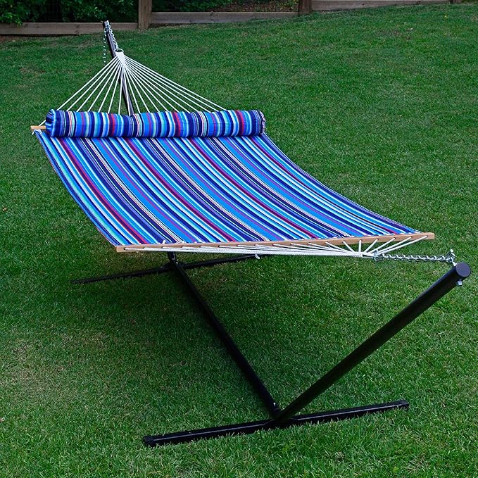 156" x 55" Blue and Red Reversible Quilted Outdoor Hammock with Bolster Pillow