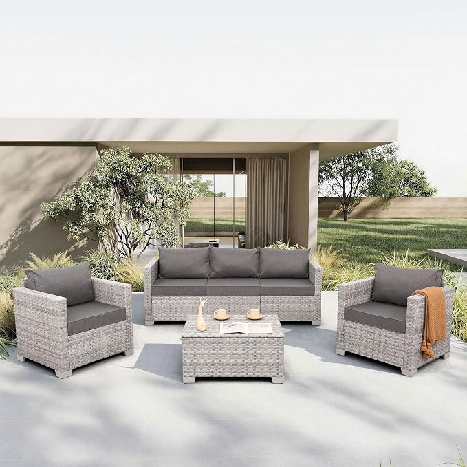 WAROOM Patio Furniture Set 4 Piece Outdoor Wicker Conversation Sets PE Rattan Couch Sectional Sofa with Storage Table, Grey Cushion