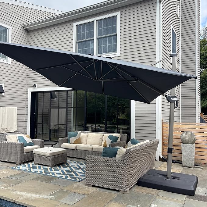 PURPLE LEAF 10' X 13' Patio Umbrella, Rectangle Outdoor Cantilever Umbrella, Aluminum Offset Umbrella with Champagne Frame and 360° Rotation for Pool Deck Garden, Grey