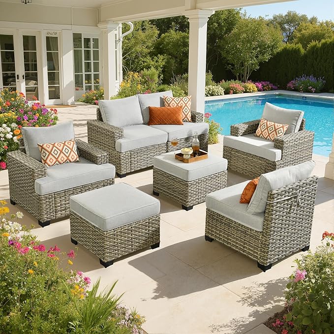 Outdoor Sectional Patio Furniture Set,7 Pieces All Weather Rattan Wicker Conversation Sets,Out Door Furniture with Ottoman Single Chair,Light Grey