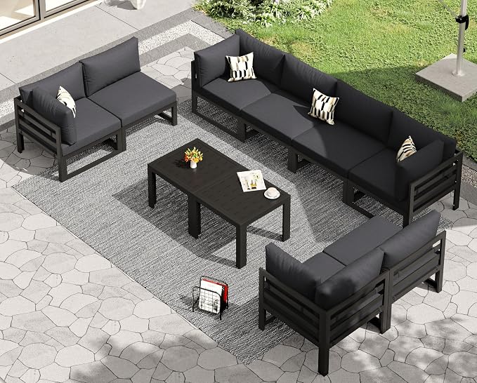 RADIATA 10 Piece Modern Aluminum Outdoor Patio Furniture Set, 29" Wide Deep Seating, Fade Water Resistant U Shaped Modular Sectional Couch, Large Comfy Conversation Set for Backyard Garden, Dark Gray
