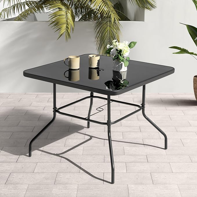 NUU GARDEN 31.5 Inch Square Patio Dining Table, Outdoor Table with Tempered Glass Top and Umbrella Hole, Patio Furniture for Balcony Backyard Poolside, Black