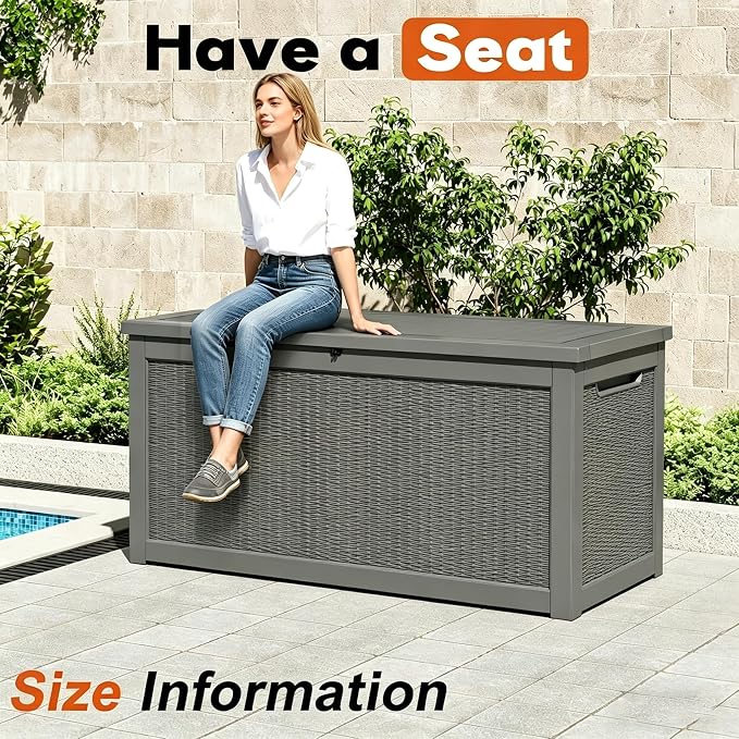 Outdoor Storage Box, Resin Deck Boxes Indoor and outdoor, Waterproof Storage Box Lockable Lid Grey,320 Gallon