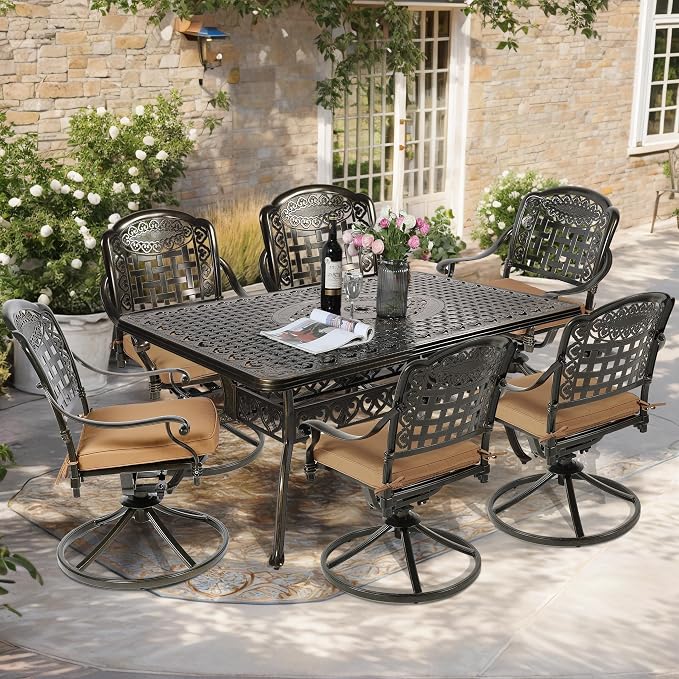 7-Piece Outdoor Patio Dining Set, 60” Rectangular Cast Aluminum Dining Table with Umbrella Hole and 6 Cushioned Swivel Rocker Chairs, Patio Funiture Set for Backyard, Patio, Garden
