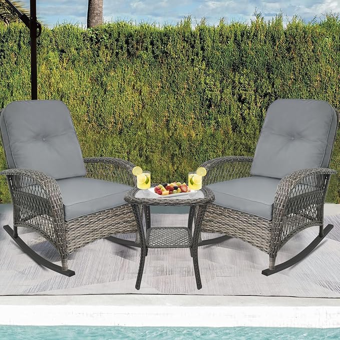 Outdoor Wicker Rocking Chair, All Weather Resin Rattan Wicker Rocking Chairs, for Garden Backyard Lown Porch,2pc,Grey