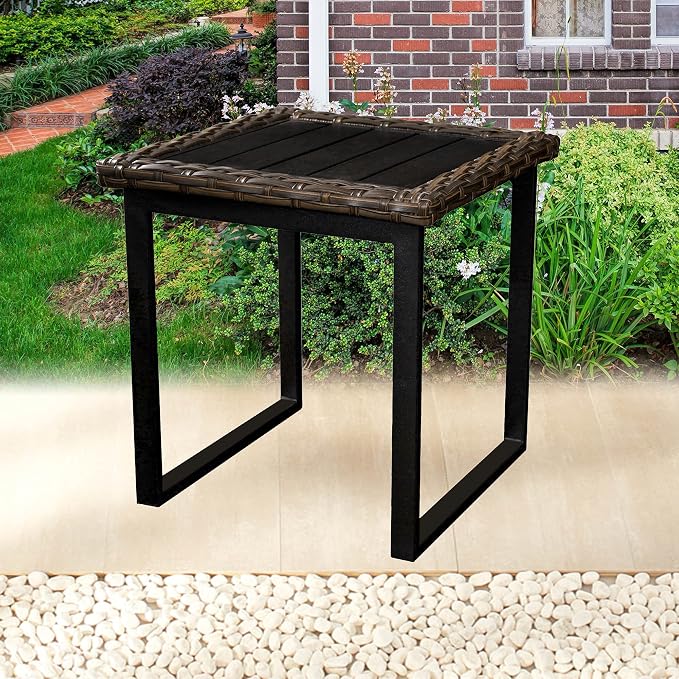 LOKATSE HOME Patio Outdoor Side End Table 22" Metal Rattan Square Bistro Dining Furniture for Poolside，Balcony, Garden