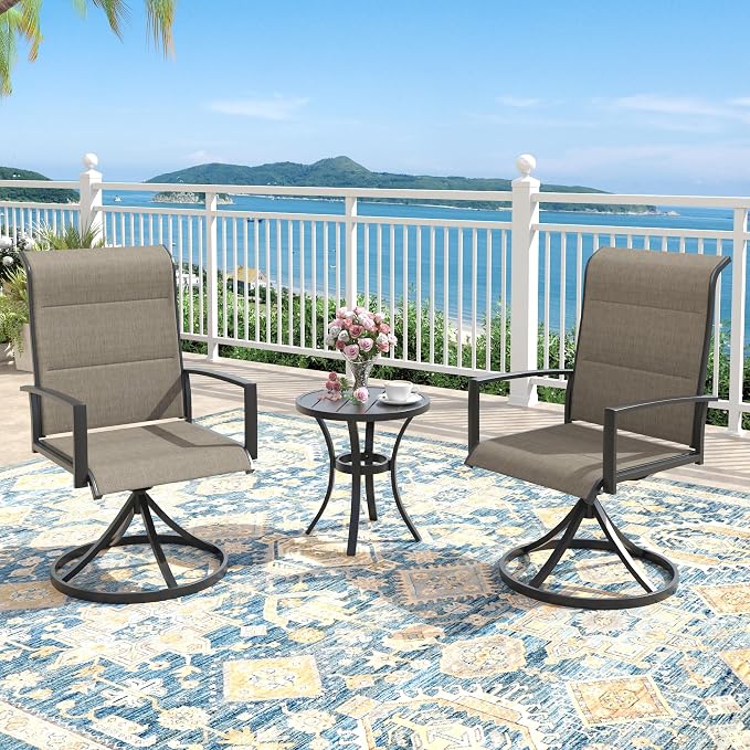 Outdoor Dining Set for 2, 18.5" Metal Round Outdoor Side Table and Padded Textilene Patio Swivel Chairs, 3 Pieces Patio Side Table and Chairs Set for Garden Backyard, Mixed Brown and Black