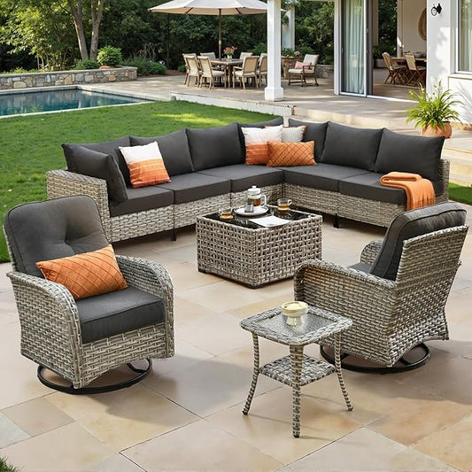 10 Piece Outdoor Patio Furniture with Swivel Rocking Chair, Rattan Wicker Conversation Set with Glowing Coffee Table, Sectional Single Chairs for Porch Balcony Backyard Pool,Black