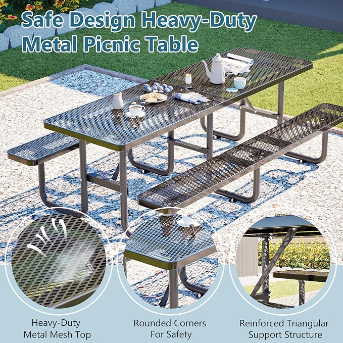 96" Heavy Duty Metal Picnic Table for 10 People, Outdoor Dining with Umbrella Hole, Galvanized Steel Rustproof Frame 882LBS Capacity, Mesh Top for Garden Patio Camping, Black