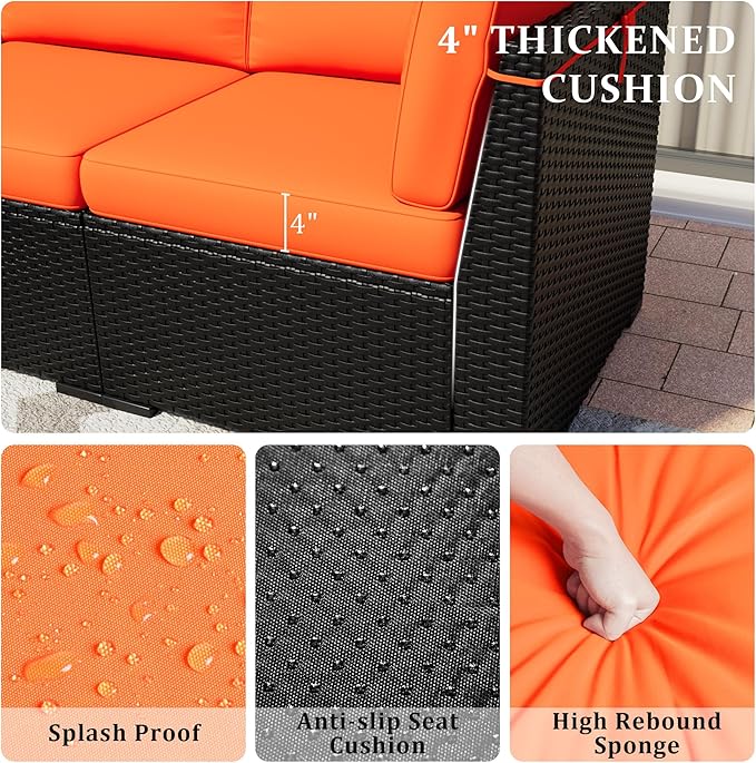 8 Pieces Outdoor Patio Furniture Set with 44" Fire Pit Table Black Rattan Sectional Conversation Sets w/Gas Fire Pit, Coffee Table, 2 Waterproof Covers, Orange