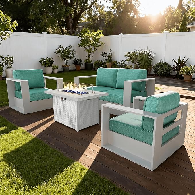 4 Pieces Patio Furniture Set with Fire Pit Table, Metal Modern Conversation Set with Deep Seating and Widened Aluminum Frame for Deck, Porch, Garden