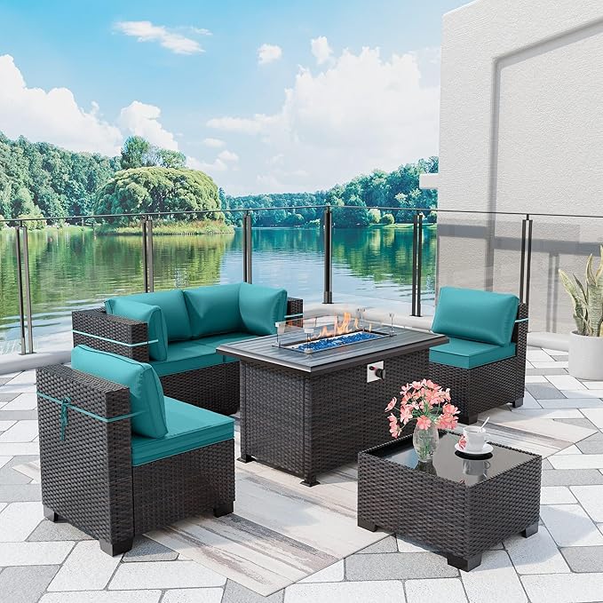 Outdoor Patio Furniture with Fire Pit Table, 6 Pieces Outdoor Furniture Patio Sectional Sofa PE Rattan Conversation Sets w/43 Propane Gas Firepit & Coffee Table for Outside - Teal.