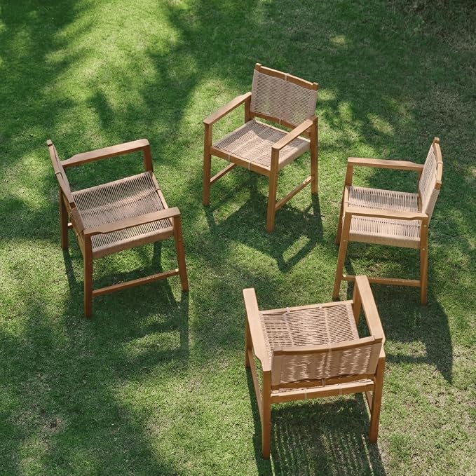 NTC Luno 4 Pieces Solid Wood Lounge Armchairs with Handwoven Rope Seat & Back, Indoor & Outdoor Wooden Chairs for Patio Dining Sets, Modern Patio Lounge Chairs, Easy Assembly, Natural
