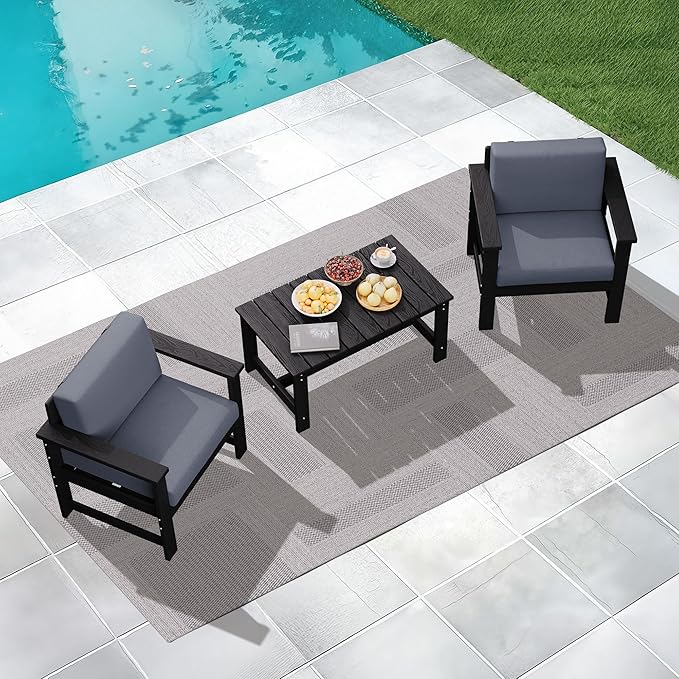 KINGYES 3 Pieces Outdoor Furniture Set, HDPE All Weather Use Conversation Couch, Black Frame with Grey Cushions