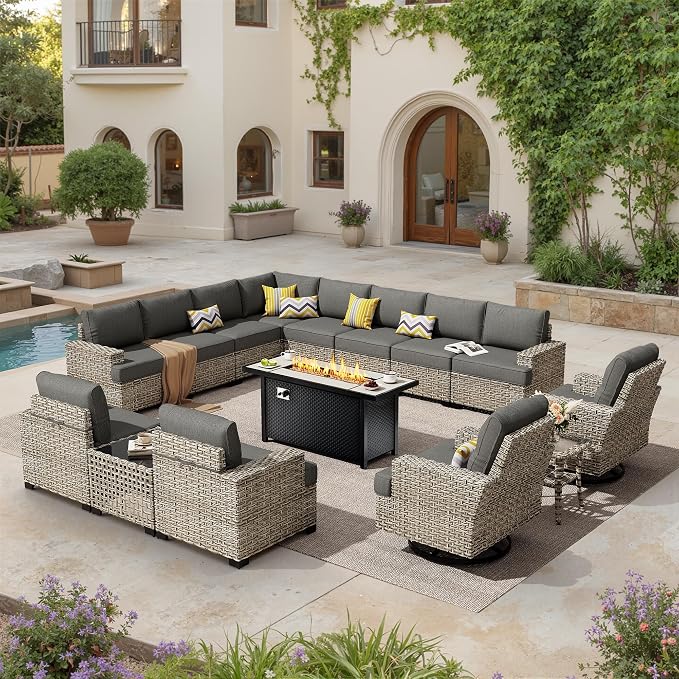 HOOOWOOO Sectional Patio Furniture Set with Fire Pit Table,15 Pieces Wicker Outdoor Furniture L Shaped Couch,Outside Conversation Set Extra Deep Seat Sofa Wide Arm Swivel Chairs Solar Light,Black