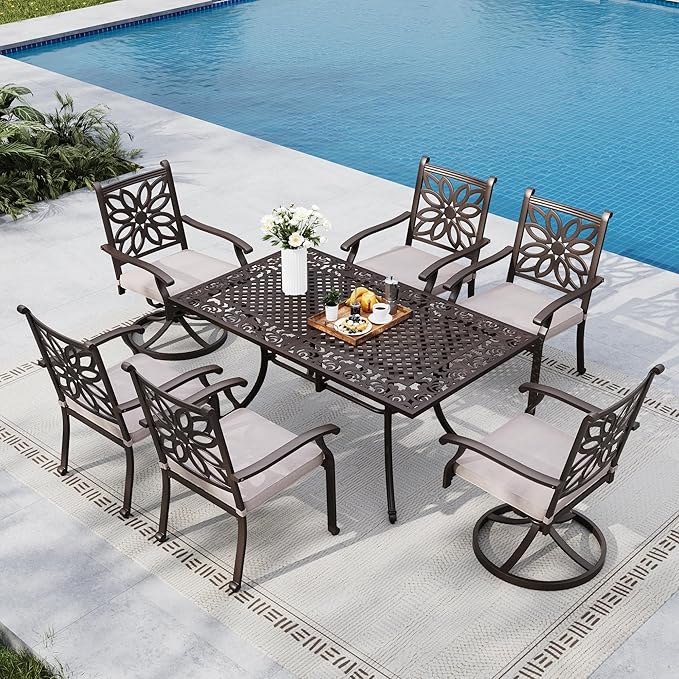 MFSTUDIO 7 Pieces Cast Aluminum Patio Dining Set with 2×Swivel & Rock Chair, 4×Extra Wide Dining Chair and 1×63" Rectangular Dining Table, Outdoor Dining Set for 6, Brown