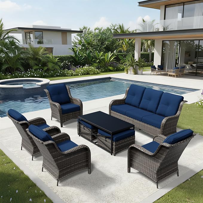 Joyside 8 Piece Wicker Patio Furniture Set, Rattan Patio Chairs with High Back, Deep Seating, Wide Armrest, Thickened Cushions, Outdoor Furniture for Deck, Porch Use