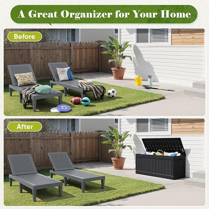 Flamaker Outdoor Storage Box 80 Gallon Resin Waterproof Deck Box Delivery Box with Wood Texture Large Storage Bin for Patio Cushions (Black)