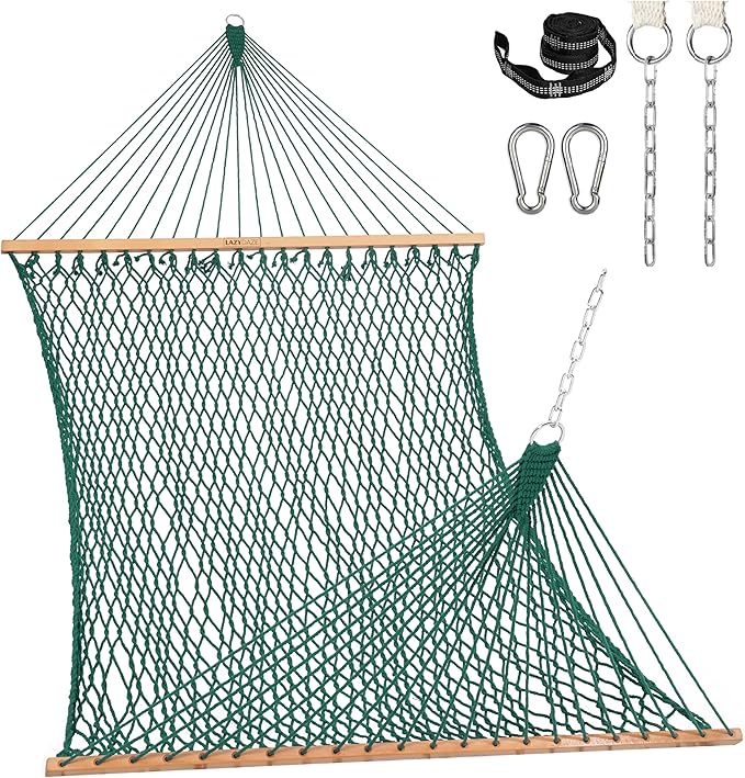 Lazy Daze Hammocks 13-FT Polyester Rope Hammock, Double 2 Person Traditional Hand Woven Outdoor Hammock with Spreader Bar, Carabiners, Tree Straps, Chains for Outside Patio- Max 450 Lbs, Green