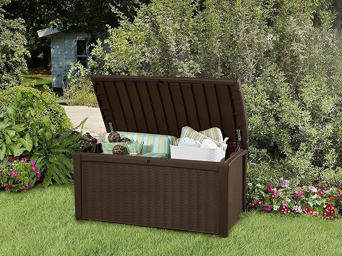 Deck Box for Patio Pool Storage Bench in Resin 110 Gallon Extra Large Outdoor Design With FREE Padlock