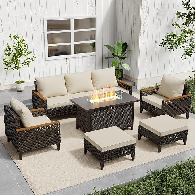 8 Piece Patio Sectional Sofa Set with 50000 BTU Fire Pit Table, All-Weather Wicker Rattan Outdoor Conversation Set, High Back, for Garden, Porch, Poolside, Beige
