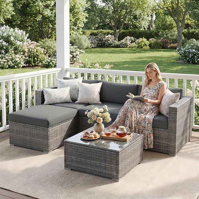 Outdoor Patio Furniture Set, Rattan Outdoor Sectional Furniture, Patio Conversation Sets for Balcony, Porch, Backyard, Deck, Garden, Dark Grey