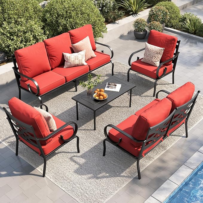 PHI VILLA Patio Furniture Set, a Loveseat, 3-Seater Sofa, 2 Fixed Chairs, and a Coffee Table, Outdoor Metal Conversation Set with 5.75" Extra Thick Cushion for Garden Backyard Deck, Red