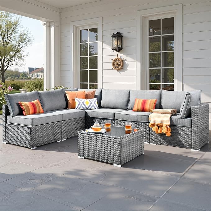7 PCS Outdoor Patio Furniture Sets,Wicker Weather Resistant Patio Conversation Set with Comfy Cushions,Modular L Shaped Sofa with Coffee Table for Yard Backyard Porch Garden Poolside,Dark Grey