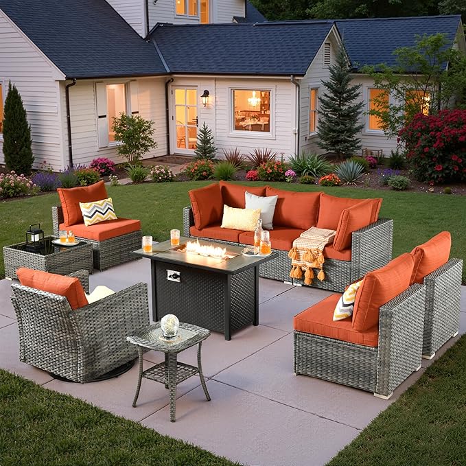 10 PCS Outdoor Patio Furniture Sets with 42'' Fire Pit Table,Wicker Weather Resistant Patio Conversation Set with Wicker Rocking Chair,Modular L Shaped Sofa with Coffee Table for Yard,Orange Red