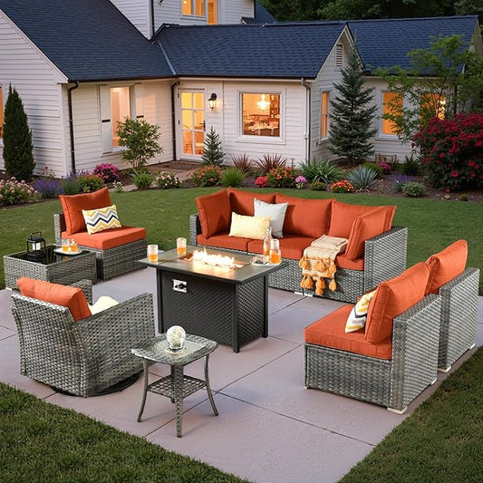 10 PCS Outdoor Patio Furniture Sets with 42'' Fire Pit Table,Wicker Weather Resistant Patio Conversation Set with Wicker Rocking Chair,Modular L Shaped Sofa with Coffee Table for Yard,Orange Red