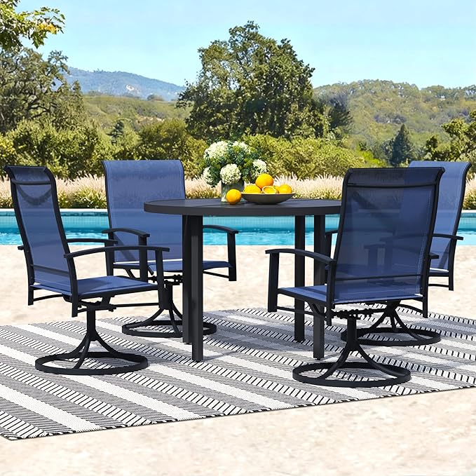 5 Piece Outdoor Patio Dining Set for 4, 42" Black Round Metal Table with 4 Blue Swivel Chairs, All-Weather Outdoor Furniture Set for Backyard, Lawn, Deck, or Poolside