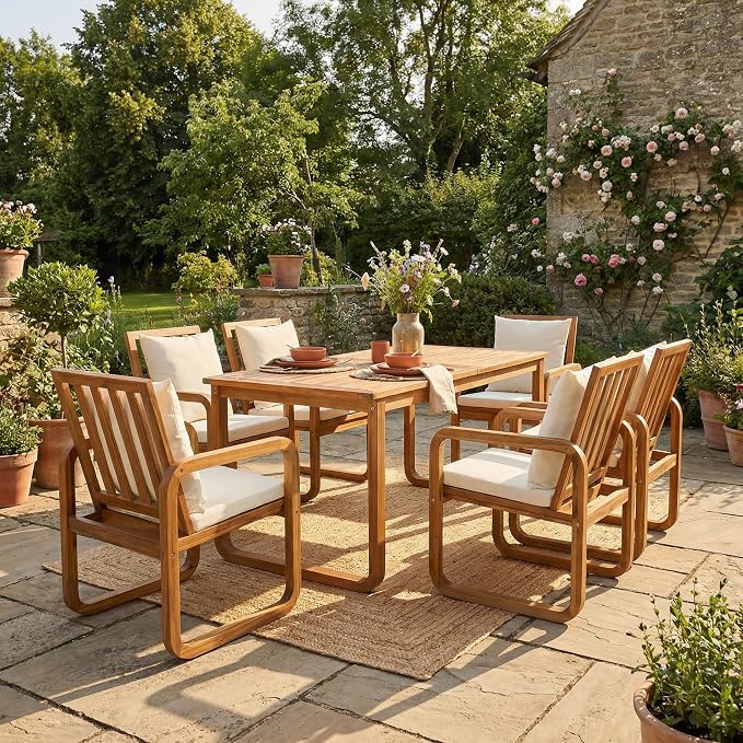 Merax 7-Piece Patio Dining Set, Outdoor Acacia Wood Dining Table and Chairs Set with Cushions for Backyard, Garden, Poolside, Beige
