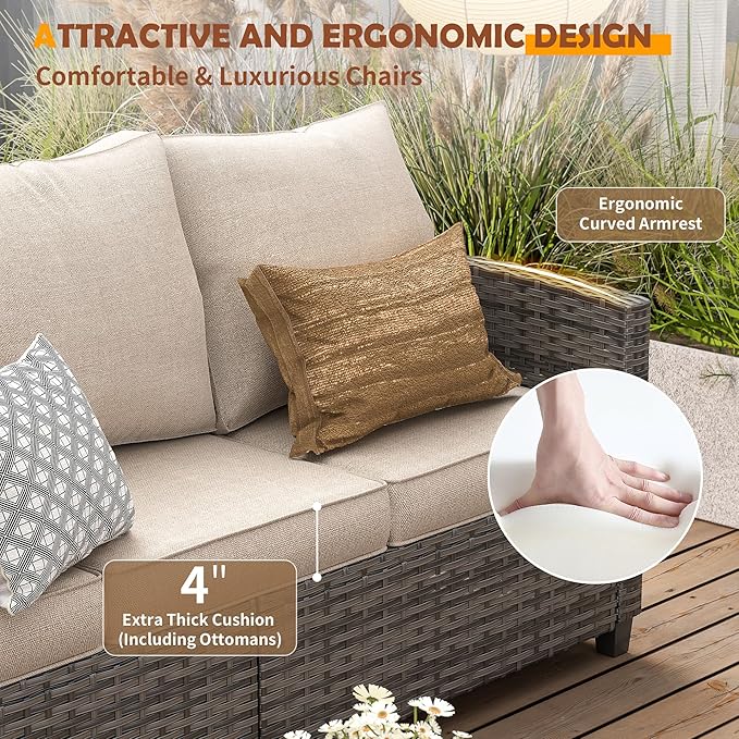 UDPATIO Patio Furniture Set with 44" Fire Pit Table, 6 Pieces Outdoor Sectional Conversation Sets, All-Weather Wicker Rattan Sofa Ottoman with 4" Thick Cushion for Garden Backyard Deck, Khaki
