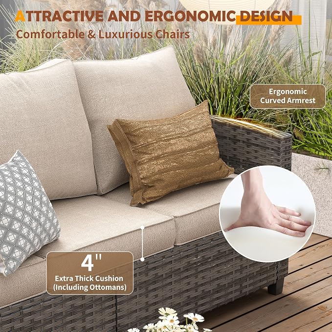 UDPATIO Patio Furniture Set with 44" Fire Pit Table, 8 Pieces Outdoor Sectional Conversation Sets, All-Weather Wicker Rattan Sofa Ottoman with 4" Thick Cushion for Garden Backyard Deck, Khaki