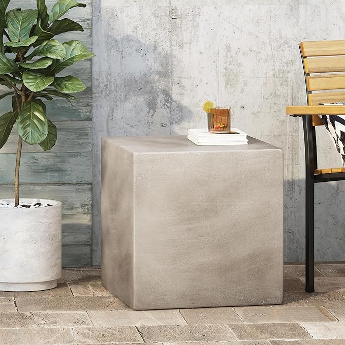 Outdoor Side Table 22" Square Shape Lightweight Concrete-Look Outdoor Indoor Accent Table Decorative Garden Stools, for Patio Porch Living Room, Grey