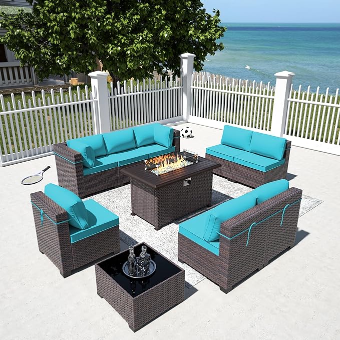 10 Pieces Outdoor Patio Furniture Set,Outdoor Sectional Furniture with 43" 55000 BTU Gas Propane Fire Pit Table,All Weather PE Rattan Wicker Patio Conversation Set,Turquoise Blue