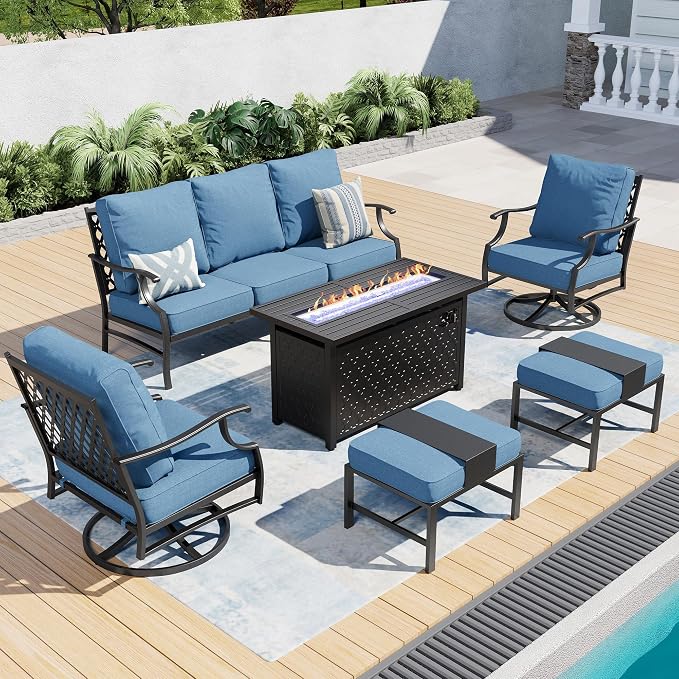 SUNSHINE VALLEY 6 Piece Metal Outdoor Patio Furniture Set with Firepit Table, Patio Conversation Set 1 3-seater Sofa, 2 Swivel Chair, 2 Ottoman with 5.75" Thick Cushion, Black Backyard Furniture, Navy