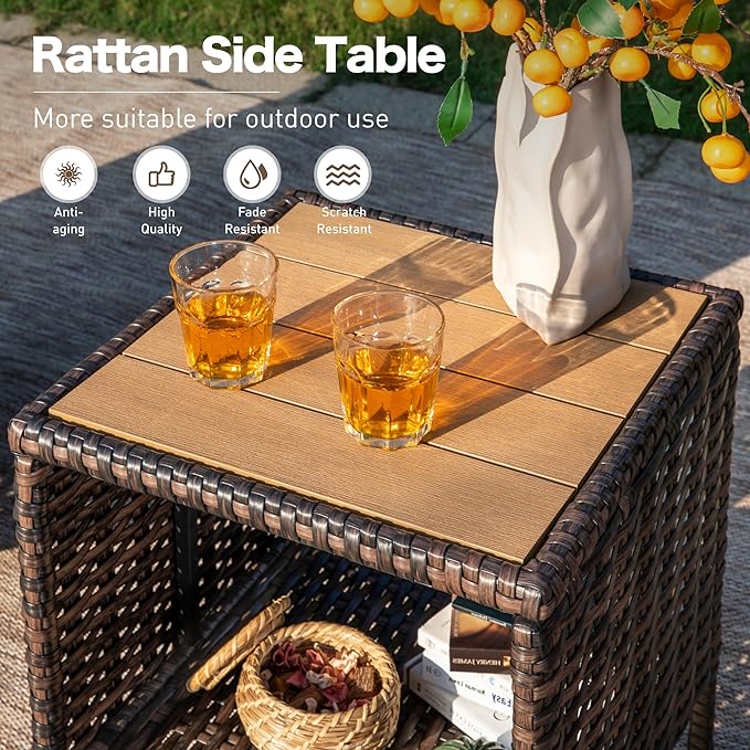 Patio Wicker Swivel Chairs Set of 2, Outdoor High Back Chairs with 5.5" Waterproof Cushions and Side Table, Outdoor Furniture Set for Deck Porch and Yard, Beige