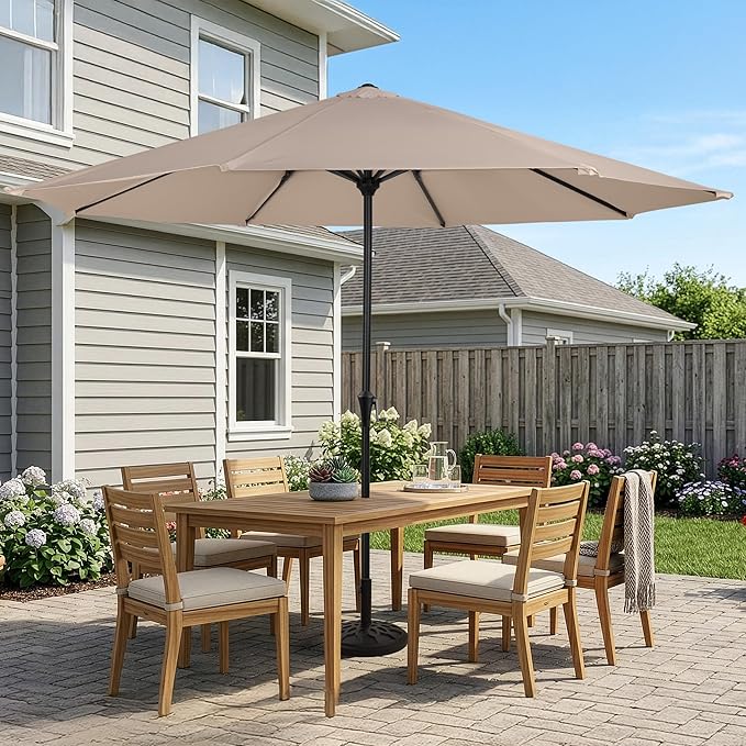 Pure Garden 9FT Round Patio Umbrella with 19lb Weighted Base - Easy Crank, Vented Canopy Outdoor Umbrella for Shade - For Deck, Balcony, Porch, Backyard, or Pool (Khaki)