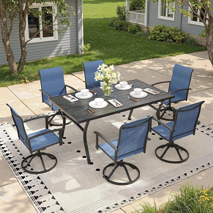 7 Pieces Patio Dining Set, Outdoor Furniture of 70.9" Rectangular Patio Table and Patio Swivel Chairs for Backyard Lawn Garden, Black Table and Dark Blue Chairs