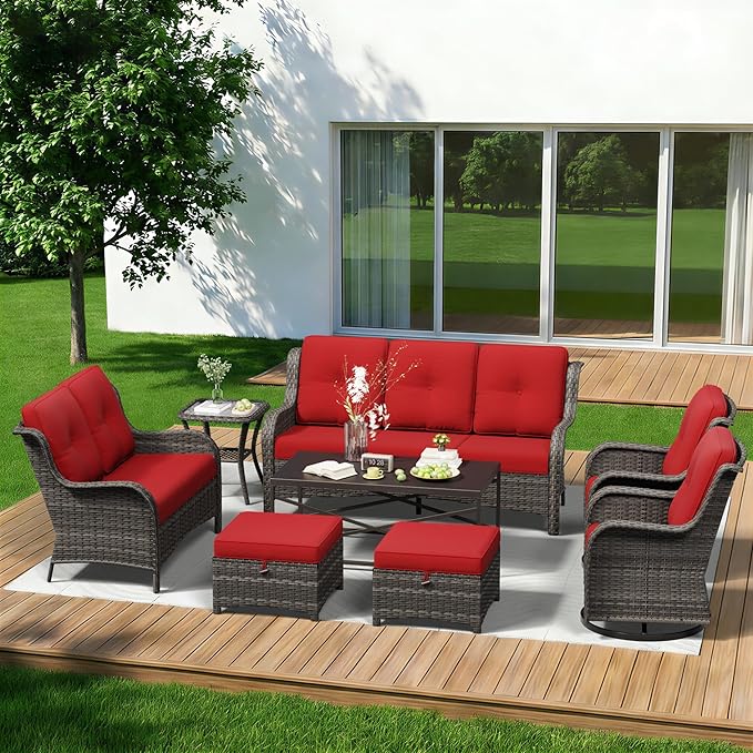 8 Piece Outdoor Wicker Patio Furniture Set, Outdoor Swivel Rocker Patio Chairs Set with Thickened Olefin Cushions, High Back and Deep Seating, Hand-Woven PE Rattan for Porch, Deck
