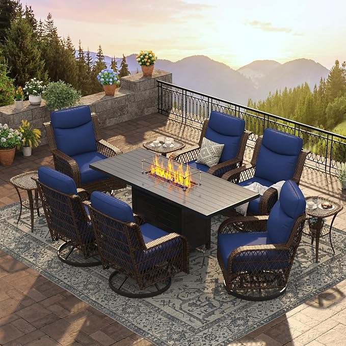 PIZZELLO 10 Piece Patio Furniture Set with 60" Propane Firepit Table, 6Pcs Outdoor Swivel Rocker Chairs with 3 Side Tables and Aluminum Gas Fire Table