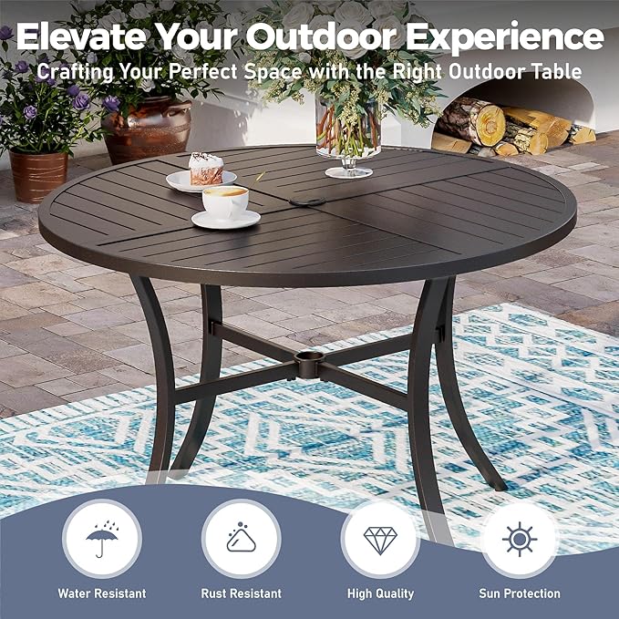 SUNSHINE VALLEY 5 Piece Patio Dining Set for 4, 42" x 42" Round Metal Table with Umbrella Hole and 4 Blue Chairs, Outdoor Table and Chairs Set for Lawn Backyard and Deck