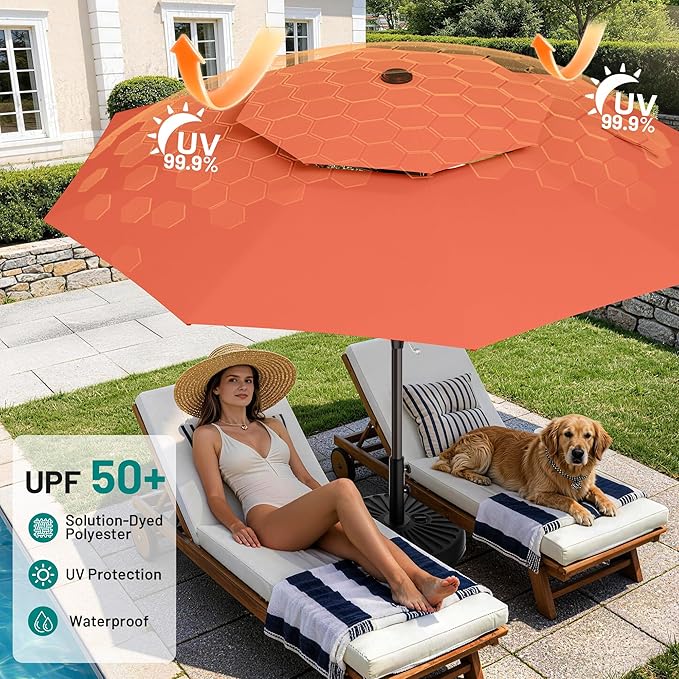 AreShark 12ft 2 Tiers Patio Umbrella - Outdoor Umbrella Waterproof UV Protection, Market Table Umbrella w/ 8 Sturdy Ribs&Crank for Pool, Porch, Garden(Orange)