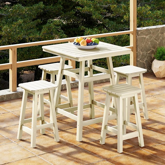 Costaelm Outdoor Bar Table, 37" Counter Height Square Patio Cocktail Bar Table with Umbrella Hole, Patio Bistro Dining Pub Table for Front Porch Deck Backyard Garden, Sand