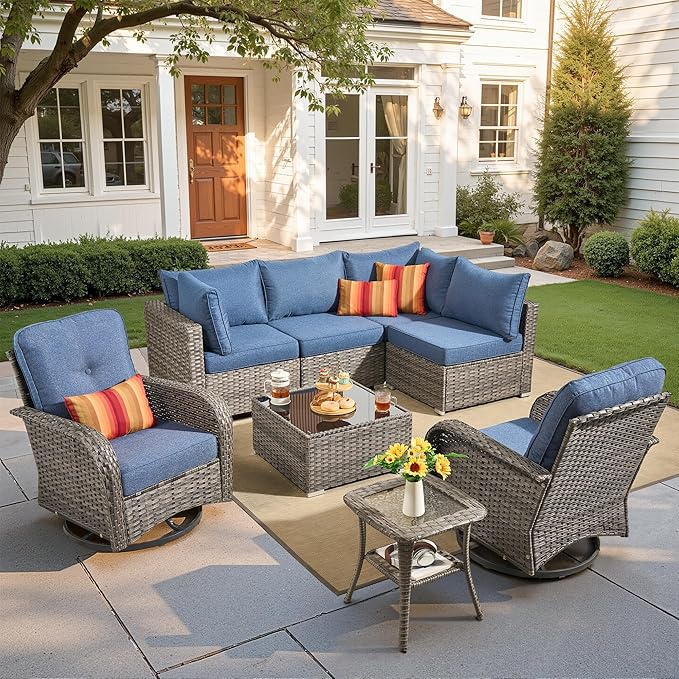 Wicker Patio Furniture Set, 8 Pieces Outdoor Sectional Sets with 6 Seats, Rattan Conversation Set with Swivel Chairs for Garden and Backyard, l Shape Couch Set