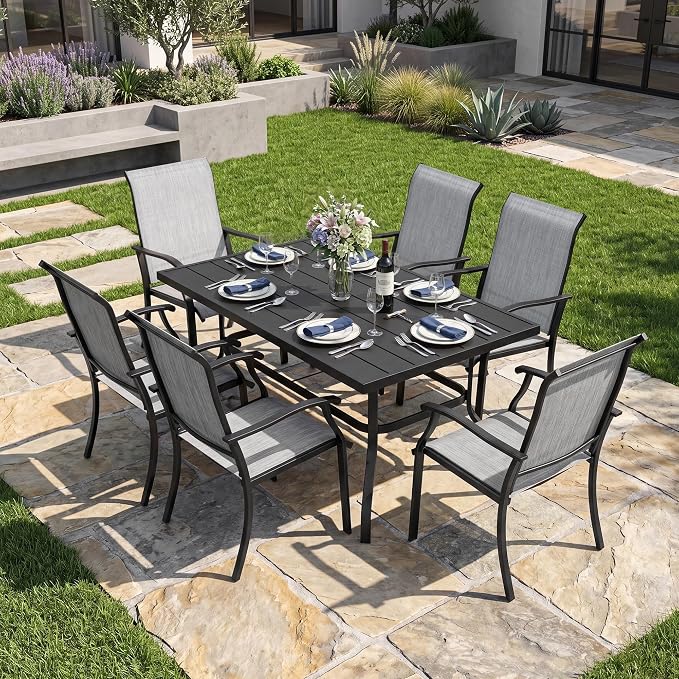 NUU GARDEN 7-Piece Patio Dining Set for 6, Outdoor Dining Table Set with Breathable Textilene Chairs, Weather-Resistant Metal Table with Umbrella Hole for Garden Poolside, Gray and Black