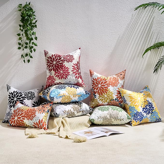 Set of 2 Dahlia Throw Pillow Covers 18×18 Inches Outdoor Waterproof Throw Pillow Cases Red and Pink Decorative Cushion Covers for Patio Funiture Garden Living Room
