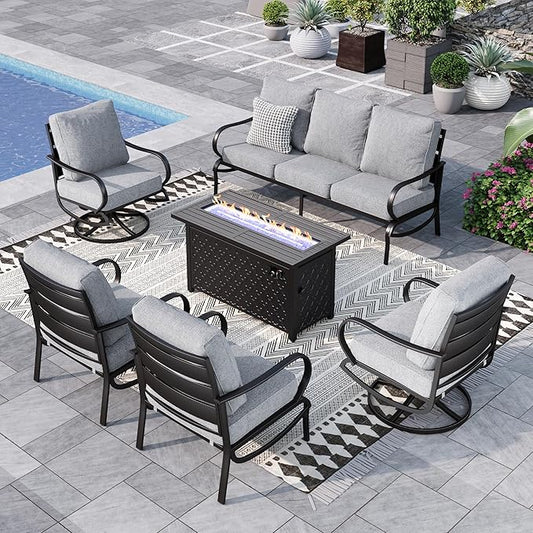 Sophia & William Patio Furniture Sets for 7 with Fire Pit Table 45", Outdoor Patio Furniture Set 8 Pcs, Convesation Set with 4 x High Heavy Sofa Chairs, 1x3-Seat Sofa, for Porch Poolside Blue